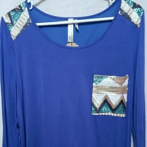 Love Zoe sequin shoulder & pocket blue knit top